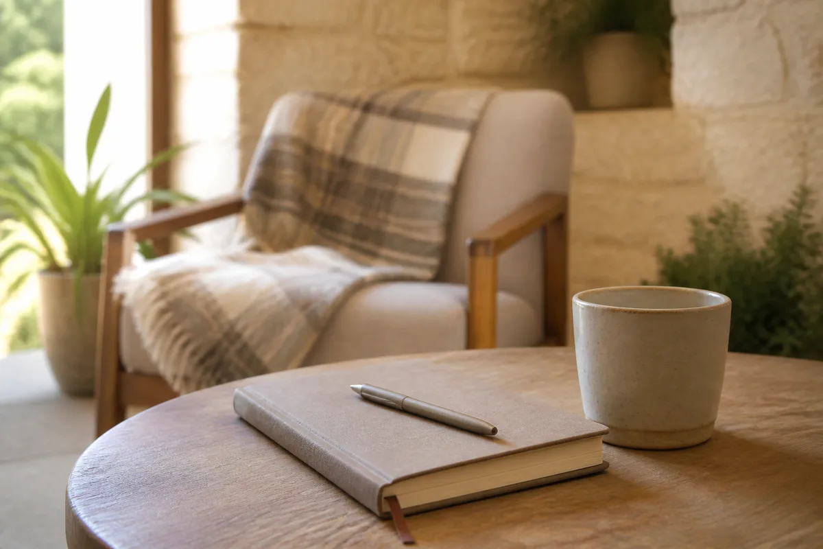 Carnet de suivi et tasse posés sur une table, symboles d’une démarche d’arrêt du tabac au quotidien