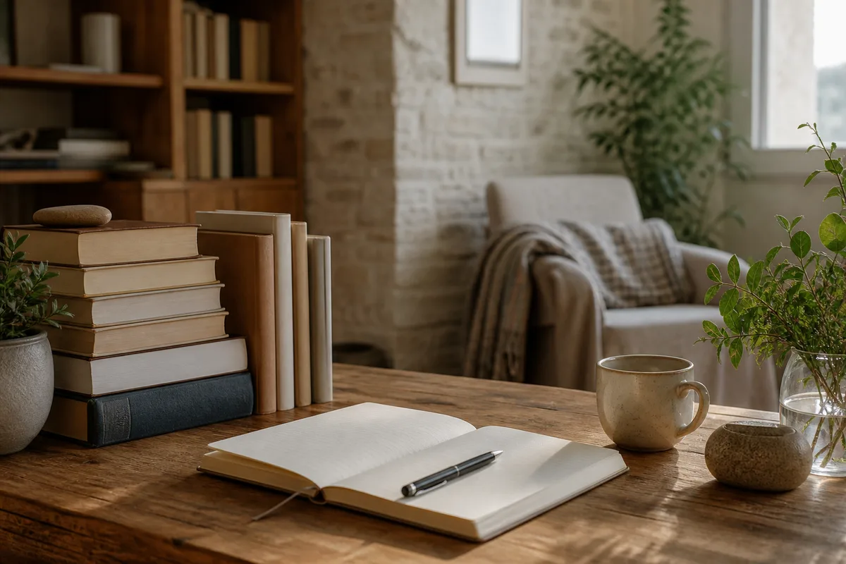Bibliothèque de travail avec ouvrages et carnet de notes évoquant l&rsquo;étude des courants de l&rsquo;hypnose