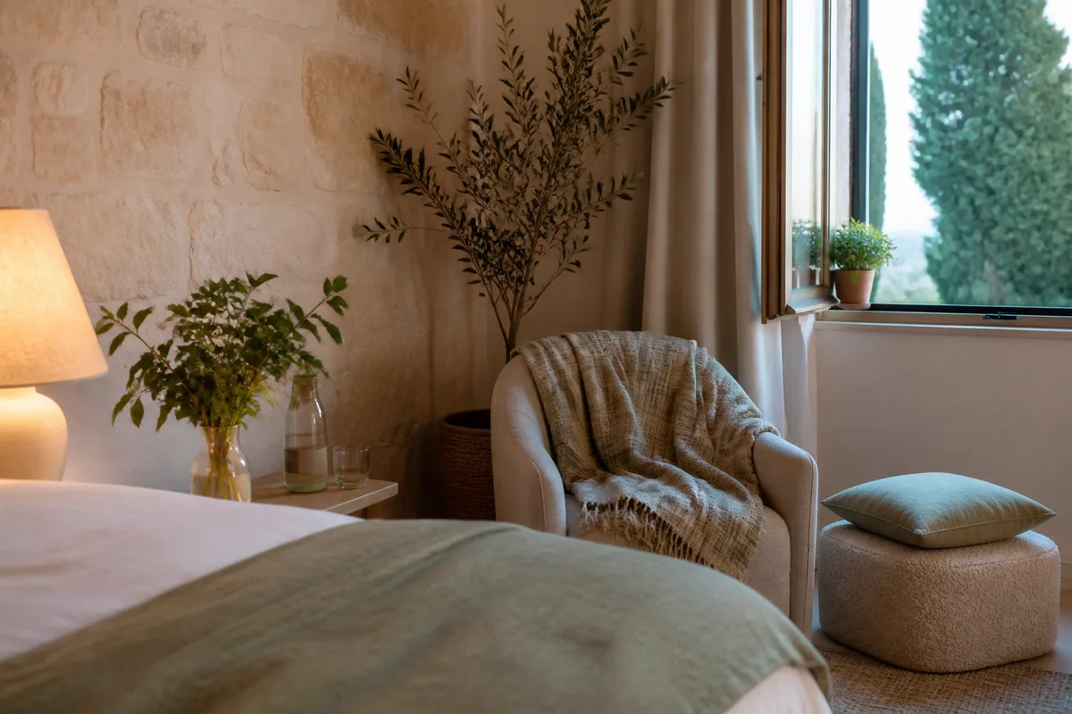 Chambre calme et rangée, lumière douce du soir, propice à la détente avant le coucher