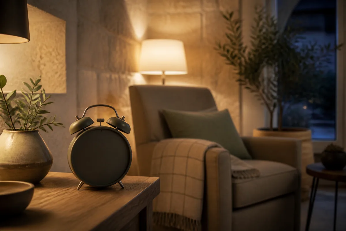 Réveil posé sur une table de nuit dans la pénombre, évoquant les réveils nocturnes