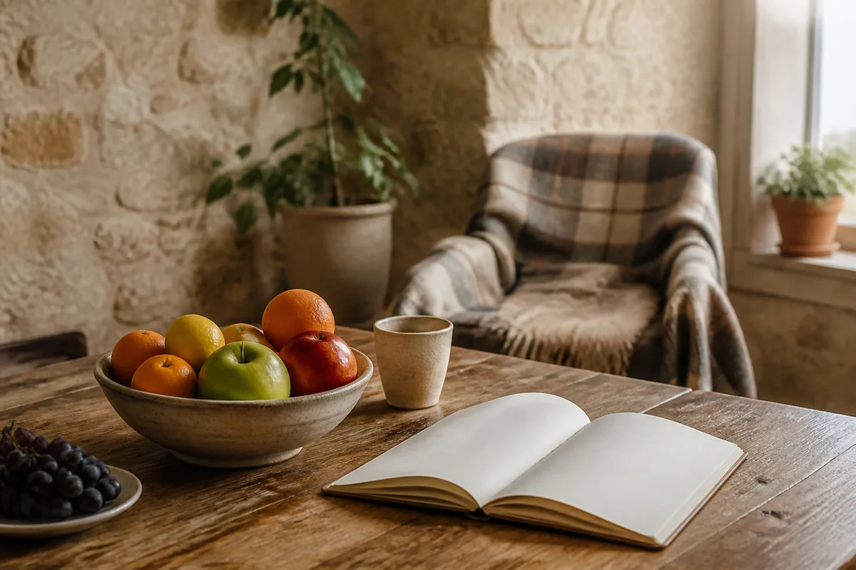 Table de cuisine avec des fruits frais et un carnet, évoquant le travail sur les habitudes alimentaires