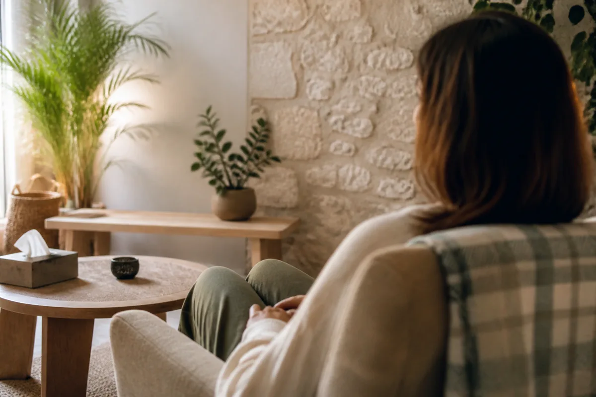 Personne assise dans un fauteuil, les yeux fermés, pendant un exercice de détente guidée