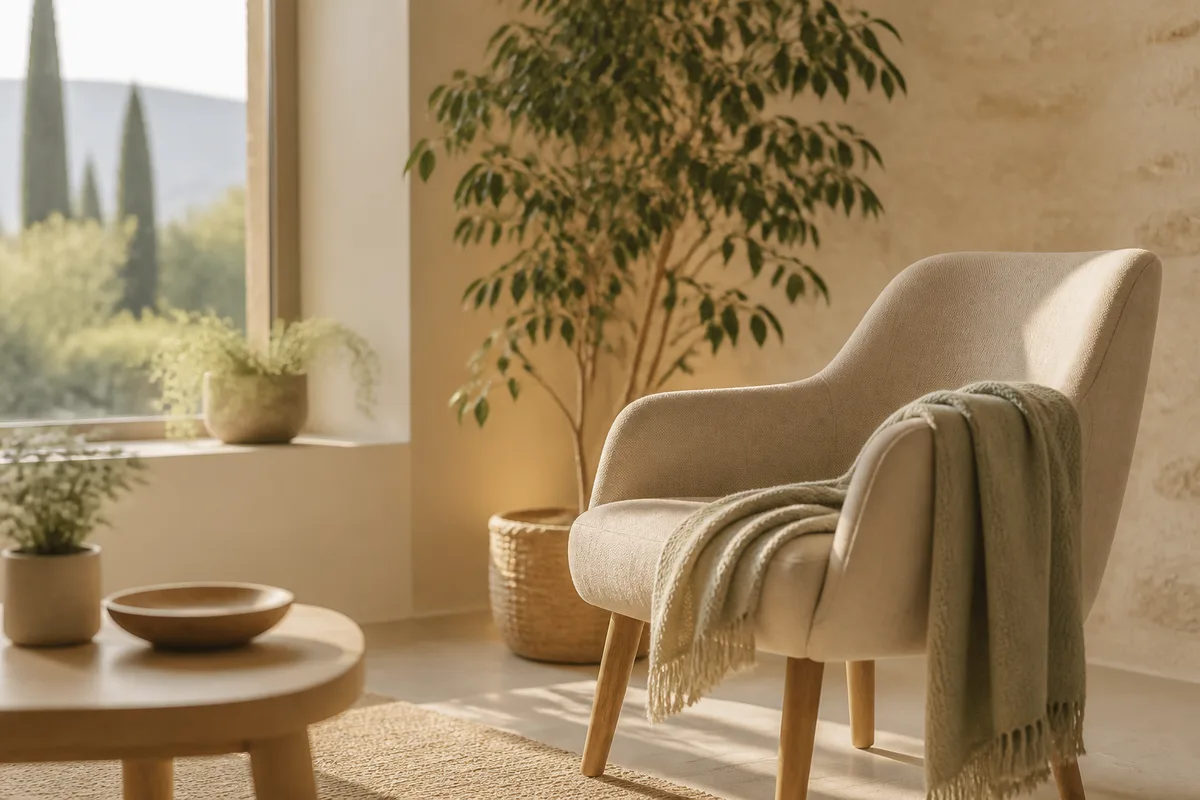 Salle d’attente épurée avec plantes vertes et lumière naturelle